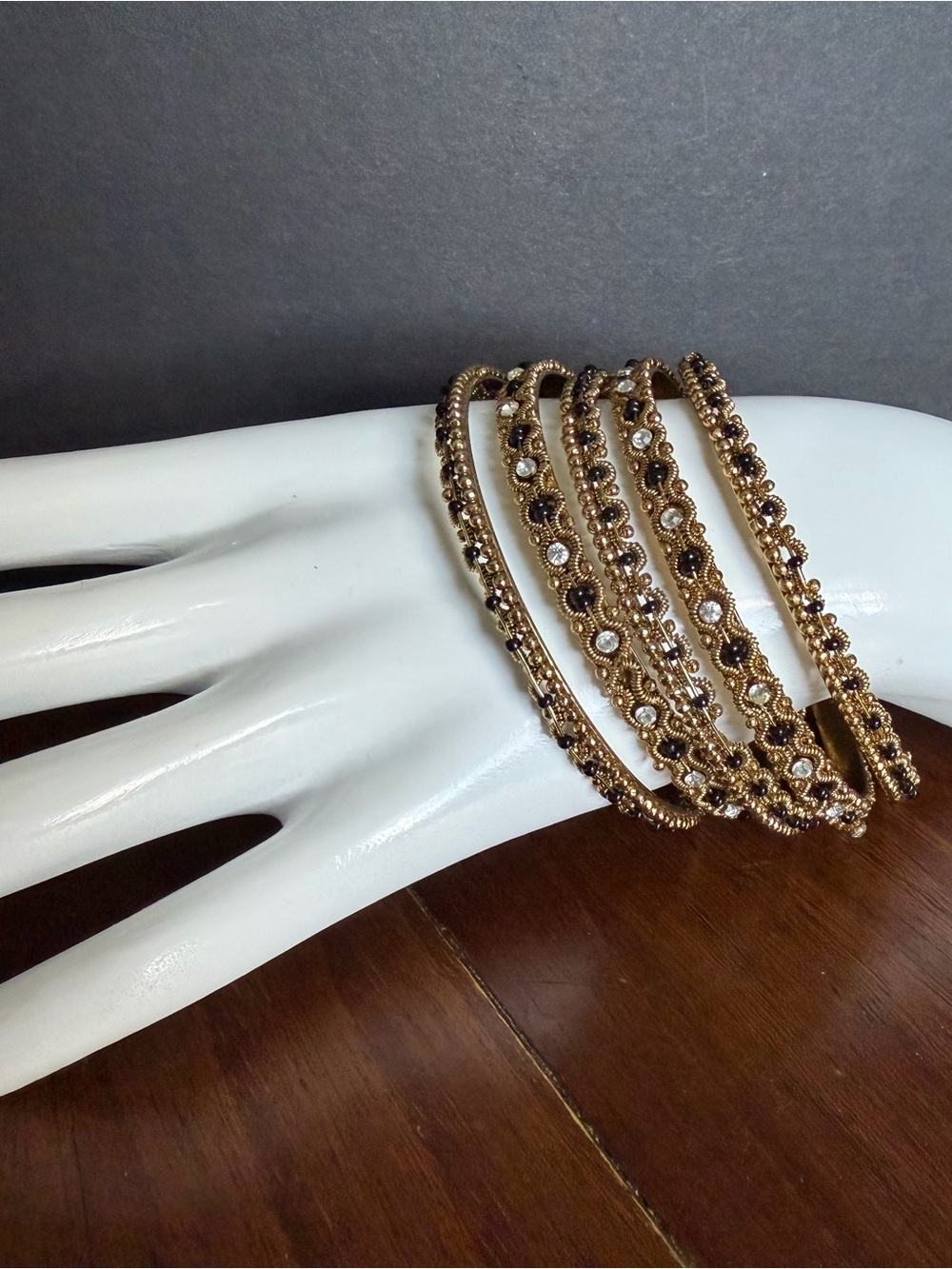 Gold-Tone Crystal and Bead Multi-Bangle Bracelet Set